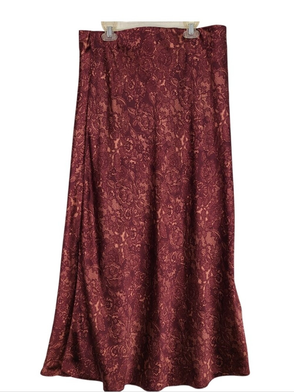 Loft Burgundy Lace Print Satin Midi Skirt Size Large